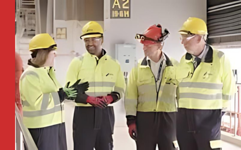 Group of engineers in hard hats and hi viz on SSE Thermal Power Station in Peterhead