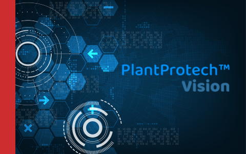 Image in blue tones depicting computer software with the PlantProtech Vision logo