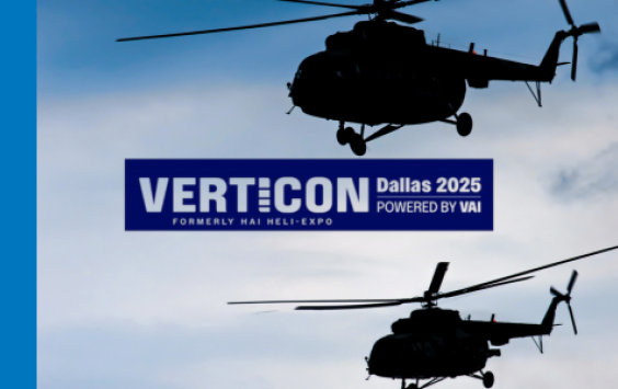 Two helicopters in the air with the Verticon 2025 show logo